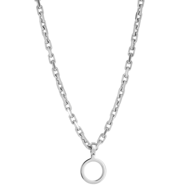 Silver necklace with a round pendant on a white background