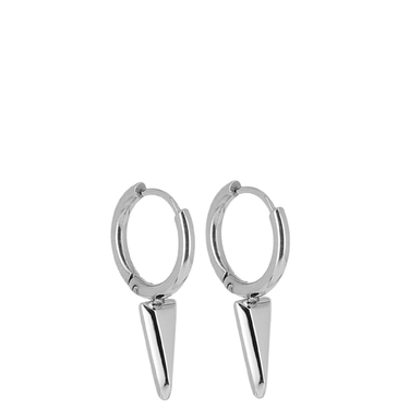 Silver hoop earrings with cone-shaped drops on a white background