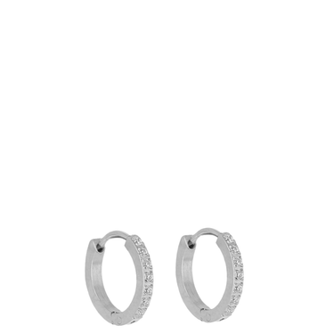 Silver hoop earrings with small diamonds on a white background