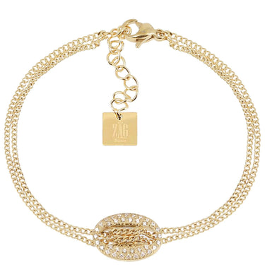 Gold bracelet with a clasp and tag on a white background