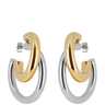 Pair of hoop earrings with gold and silver finish on a white background