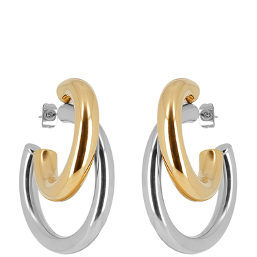 Pair of hoop earrings with gold and silver finish on a white background