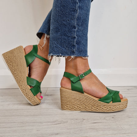 Oh My Sandals Crossover Strap Wedge Sandals - Green