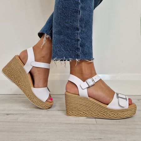Oh My Sandals Thick Buckle Strap Wedge Sandals - White