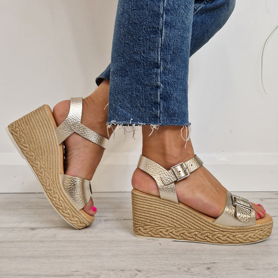 Oh My Sandals Thick Buckle Strap Wedge Sandals - Champagne