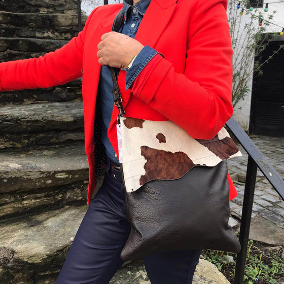 Stevie Crossbody Cow on Brown Leather Handbag