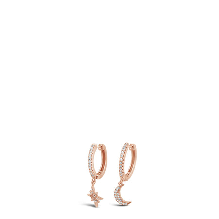 Absolute Rose Gold Hoop Earrings - Moon & Star Charm