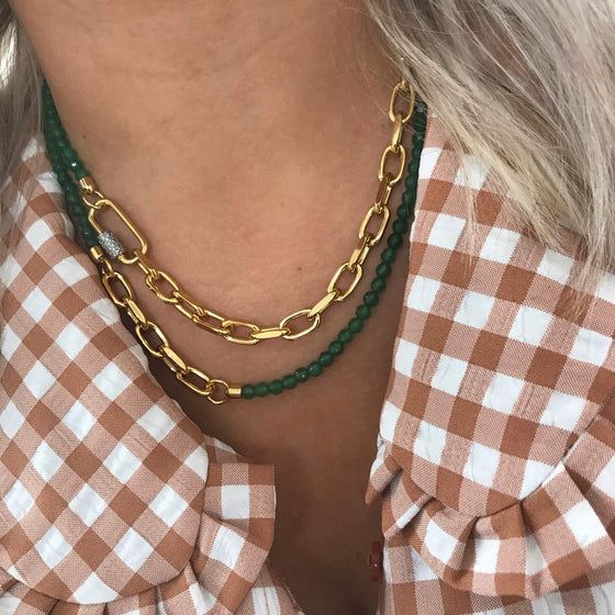 Rebecca Gold Link & Green Bead Necklace