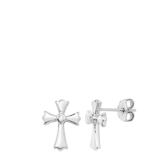 Kids First Holy Communion CZ Rhodium Plated Cross earrings