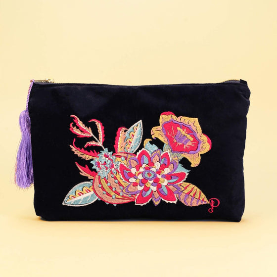 Powder Fantasy Floral Velvet Zip Pouch - Navy