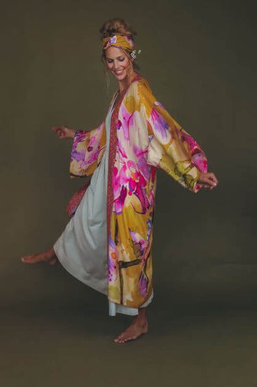 Powder Orchid Kimono Gown - Mustard