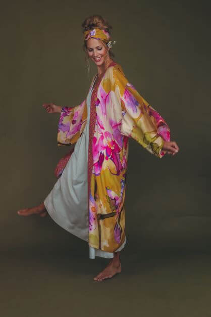 Powder Orchid Kimono Gown - Mustard