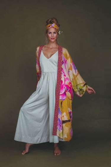 Powder Orchid Kimono Gown - Mustard