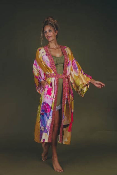 Powder Orchid Kimono Gown - Mustard
