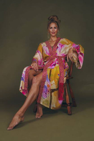 Powder Orchid Kimono Gown - Mustard
