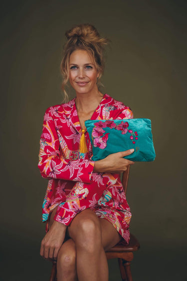 Powder Spring Orchid Velvet Zip Pouch - Teal