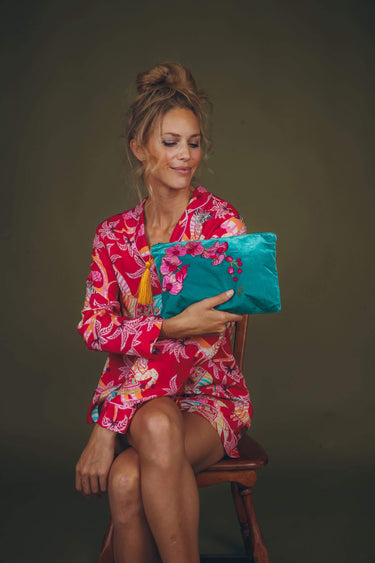 Powder Spring Orchid Velvet Zip Pouch - Teal