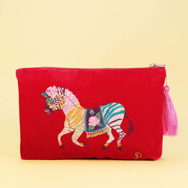 Powder Zebra Carnival Velvet Zip Pouch - Red