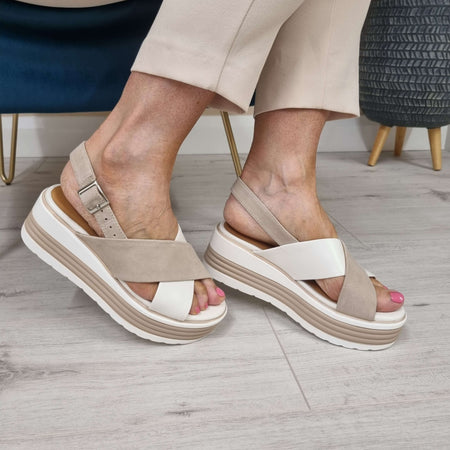Regarde Le Ciel Sheyla White & Nude Leather Crossover Sandals