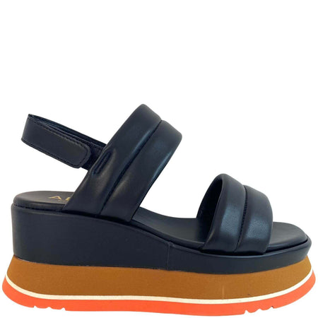 Alpe Black Leather Orange Wedge Sandals