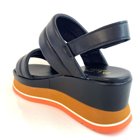Alpe Black Leather Orange Wedge Sandals