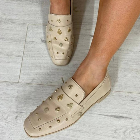 Alpe Nude Leather Embellished Loafers