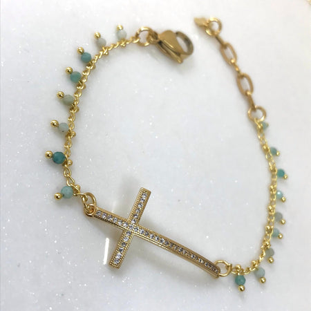 Angela D'Arcy Gemstone Gold Cross Bracelet - Amazonite