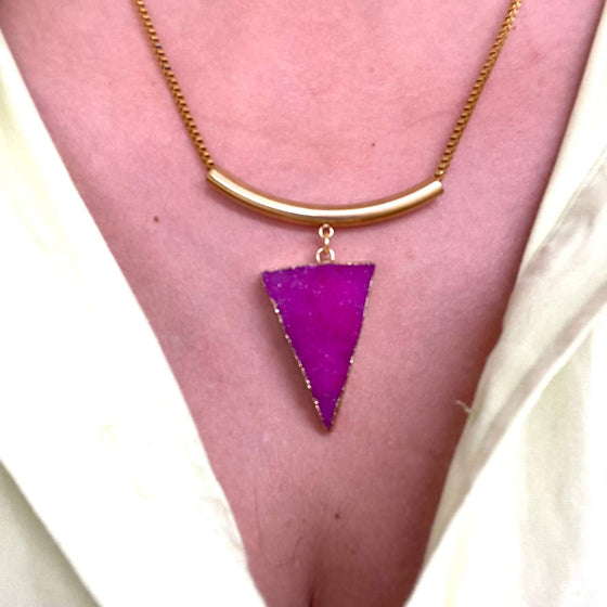 Angela D'Arcy Gold Triangle Necklace - Druzy Pink