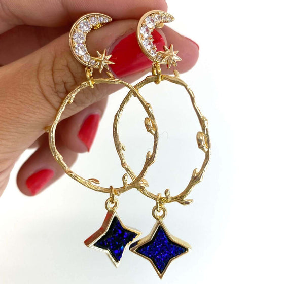 Angela D'Arcy Moon & Star Drop Earrings  - Gold/Blue