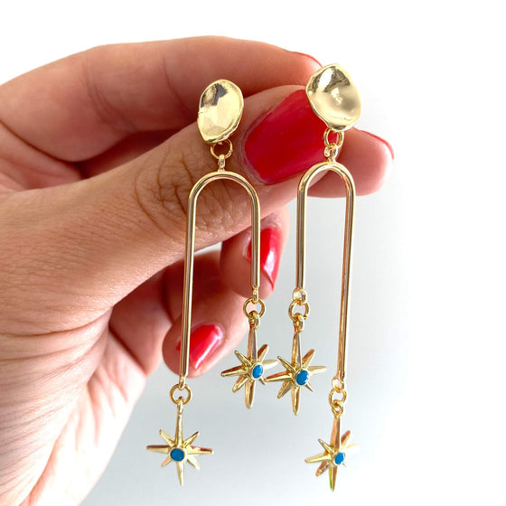Angela D'Arcy Signature Star Drop Earrings - Gold Blue