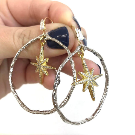Angela D'Arcy Stars Earrings  - Silver Hoops