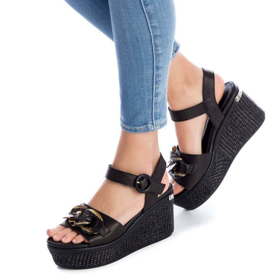 Carmela Black Leather Wedge Sandals