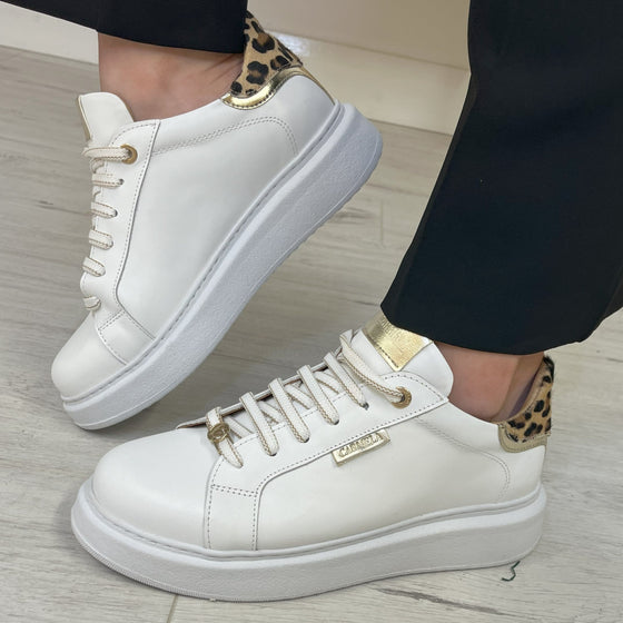 Carmela White Leather Lace Up Sneakers - Gold