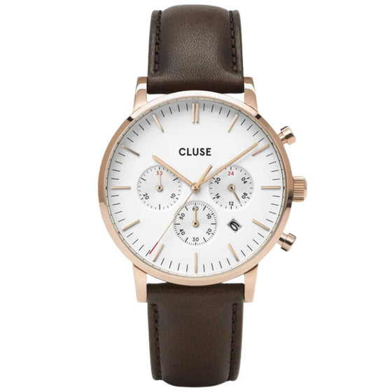 Cluse Aravis Chrono Rose Gold/Brown Leather Watch - White