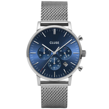 Cluse Aravis Chrono Silver Mesh Watch - Dark Blue