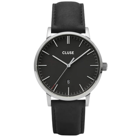 Cluse Aravis Silver/Black Leather Watch