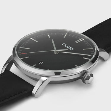 Cluse Aravis Silver/Black Leather Watch
