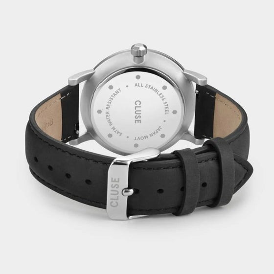 Cluse Aravis Silver/Black Leather Watch