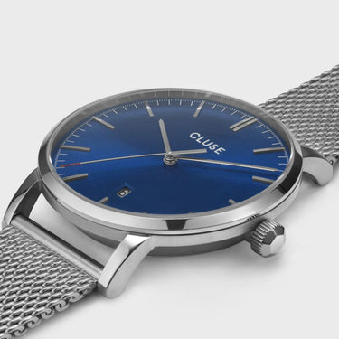 Cluse Aravis Silver Mesh Watch - Dark Blue