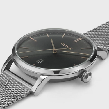 Cluse Aravis Silver Mesh Watch - Dark Grey
