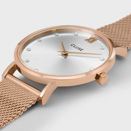 Cluse Minuit Crystal Rose Gold Mesh Watch