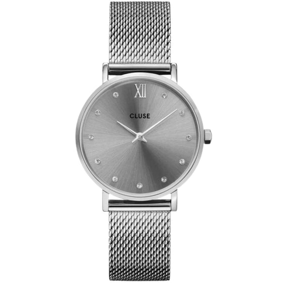 Cluse Minuit Crystal Silver Mesh Watch