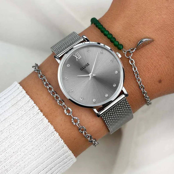Cluse Minuit Crystal Silver Mesh Watch