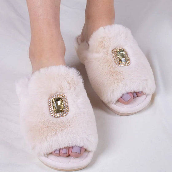 Fifi Champagne Fluffy Brooch Slippers