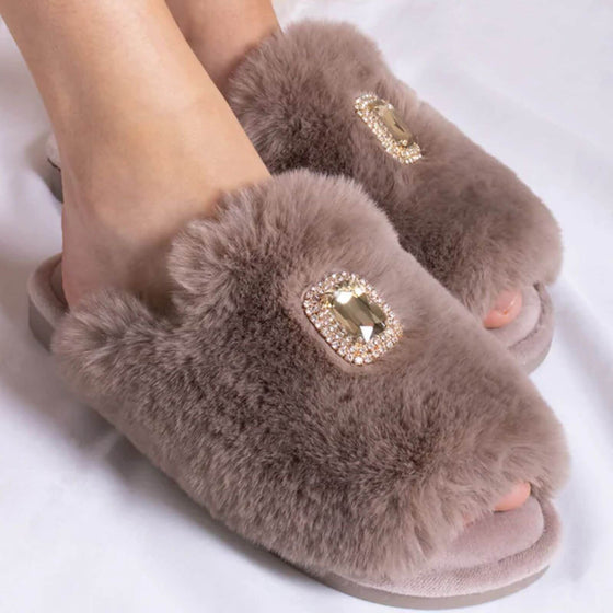 Fifi Taupe Fluffy Brooch Slippers