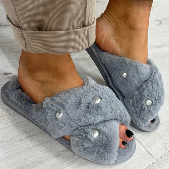 Grey Fluffy Crossover Pearl Slippers