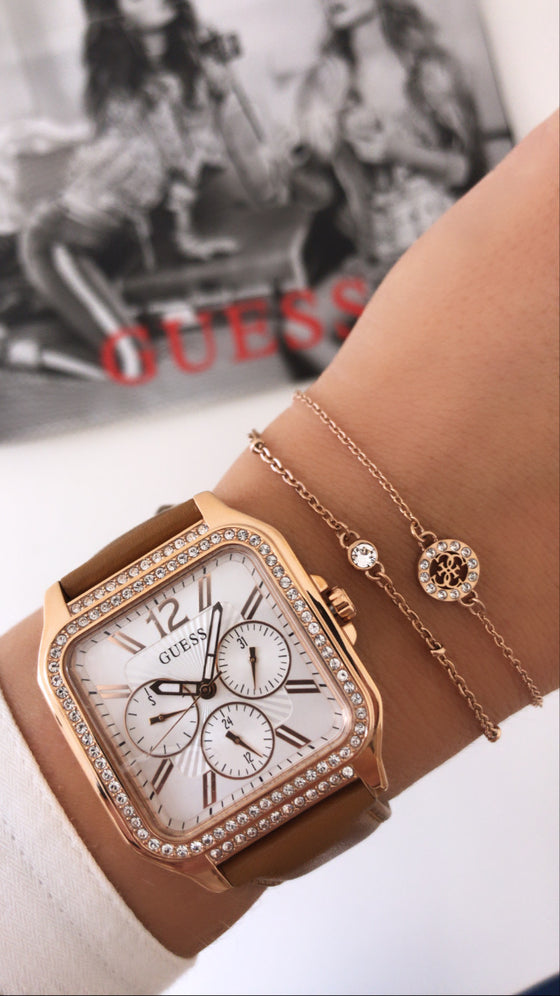 Guess Deco Rose Gold & Tan Leather Watch