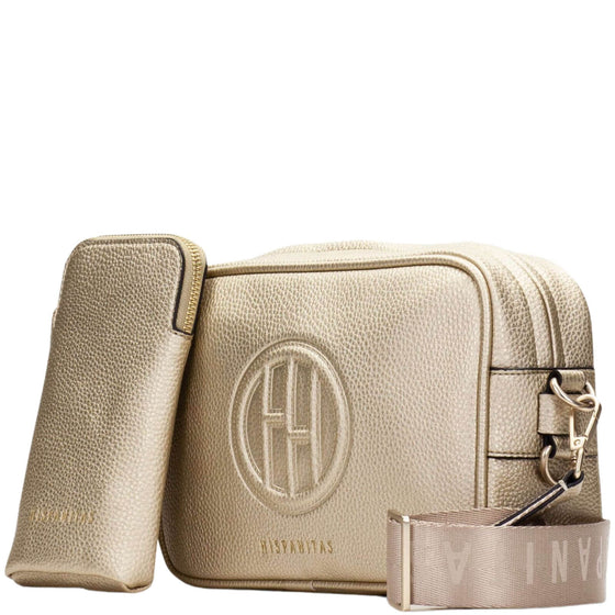 Hispanitas Gold Leather Camera Crossbody Bag