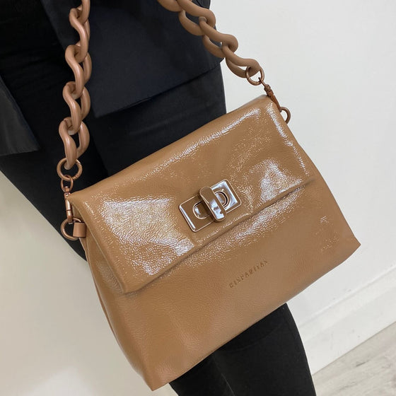Hispanitas Toffee Patent Leather Curb Chain Shoulder Bag
