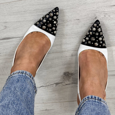 Lodi Sation Studded Sling Back Stiletto Shoes - Black White